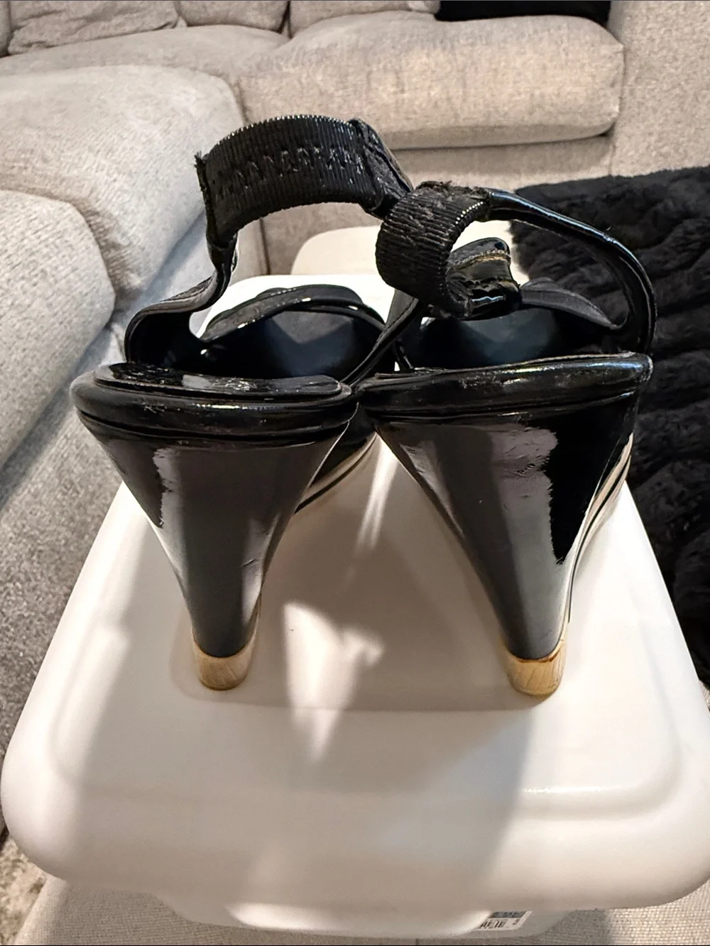 BCBGirls Black Logo Print Peep-Toe Slingback Wedge Sandals | Sz 7.5B